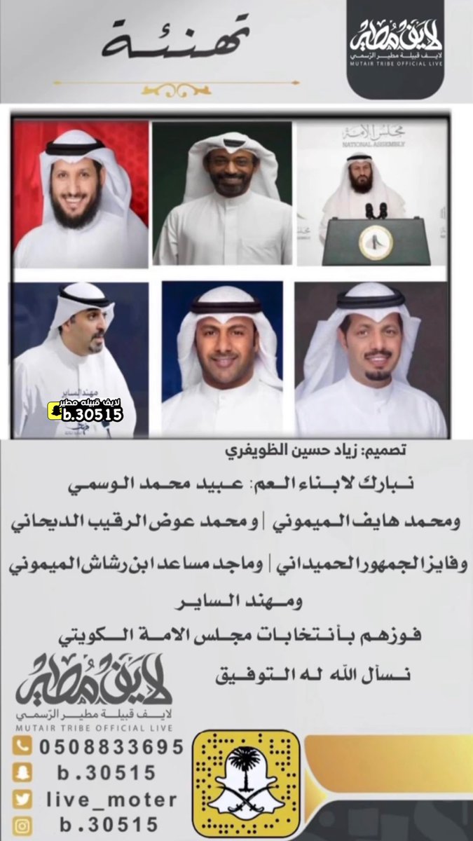 نبارك لابناء العم 

محمد عوض الرقيب الديحاني  <a href="/ALRQAIB/">محمد عوض الرقيب</a> 
محمد هايف الميموني <a href="/mhamdhaif/">محمد هايف المطيري</a> 
عبيد الوسمي  <a href="/Dr_alwasmi/">د.عبيد الوسمي</a>
فايز غنام الجمهور الحميداني  <a href="/fayezaljumhour/">اعلامية النائب السابق فايز غنام الجمهور</a> 
ماجد مساعد بن رشاش الميموني <a href="/MajidMusaad/">ماجد مساعد المطيري</a> 
مهند الساير  <a href="/MuhannadAlSayer/">مهند طلال الساير</a>

فوزهم في انتخابات مجلس الامة الكويتي 2024
نسأل