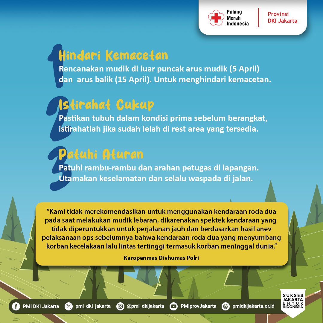 PMI_DKI_Jakarta's tweet image. Siap-siap buat mudik yuk, #sobatPMI ! 🚗💨
Ini dia tips simpel yang bisa bikin perjalanan mudik jadi aman dan nyaman.
Yuk, lanasung cek di sini! #TipsMudik #PMIsiapBantu