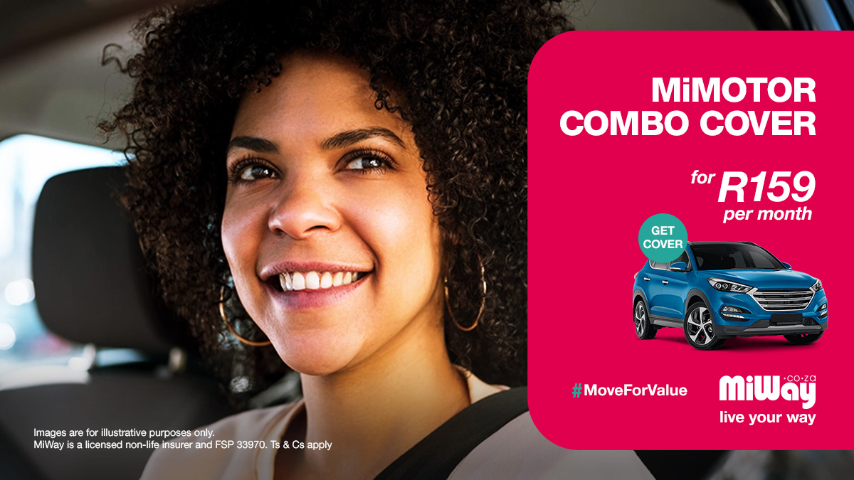 For only R159/month *, MiMotor Combo gives you cover for scuffed bumpers, paint chips, light scratches, minor dents, windscreen chips, scratches to your rims or alloy wheels as well as damage to your tyres. #MiWayHomewithThando