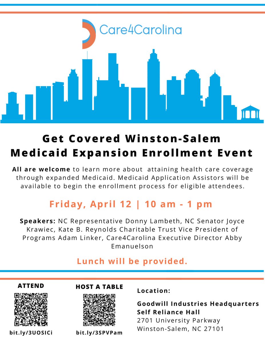 Join Care4Carolina Fri. 4/12 for their Get Covered Winston-Salem Medicaid Expansion Enrollment Event from 10:00am-1:00pm! bit.ly/3IBb2HM
#medicaidexpansionnc #healthequity #healthcareaccess