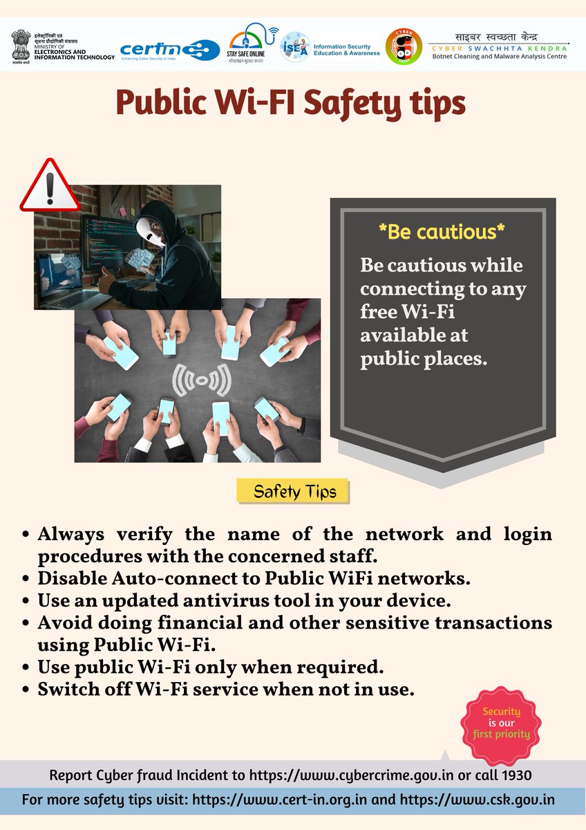Safety tip of the day: Use public Wi-Fi only when required. #indiancert #cyberswachhtakendra #staysafeonline #cybersecurity #besafe #staysafe #mygov #Meity #onlinefraud #cybercrime #scam #cyberalert #CSK #cybersecurityawareness