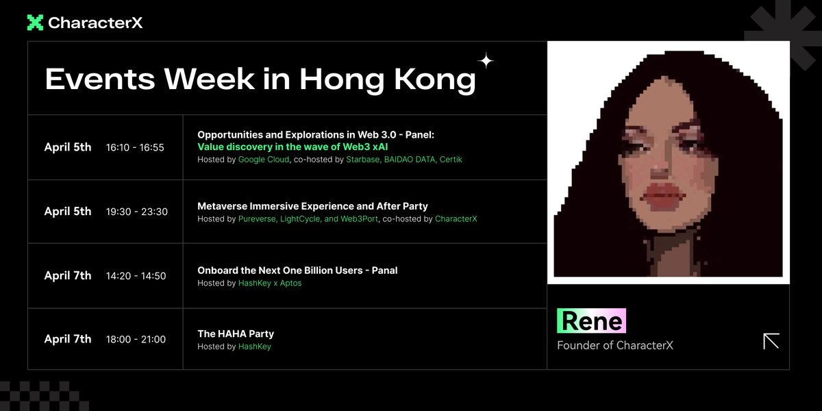 🌟 Catch #CharacterX's founder, Rene, during her jam-packed events week in Hong Kong! 

🚀 Stay connected with the MOST ACTIVE AI + Web3 app as we make waves in the city! Don't miss out on the action-packed agenda ahead!

#HKweb3festival #SocialAI #Web3AI #Web3