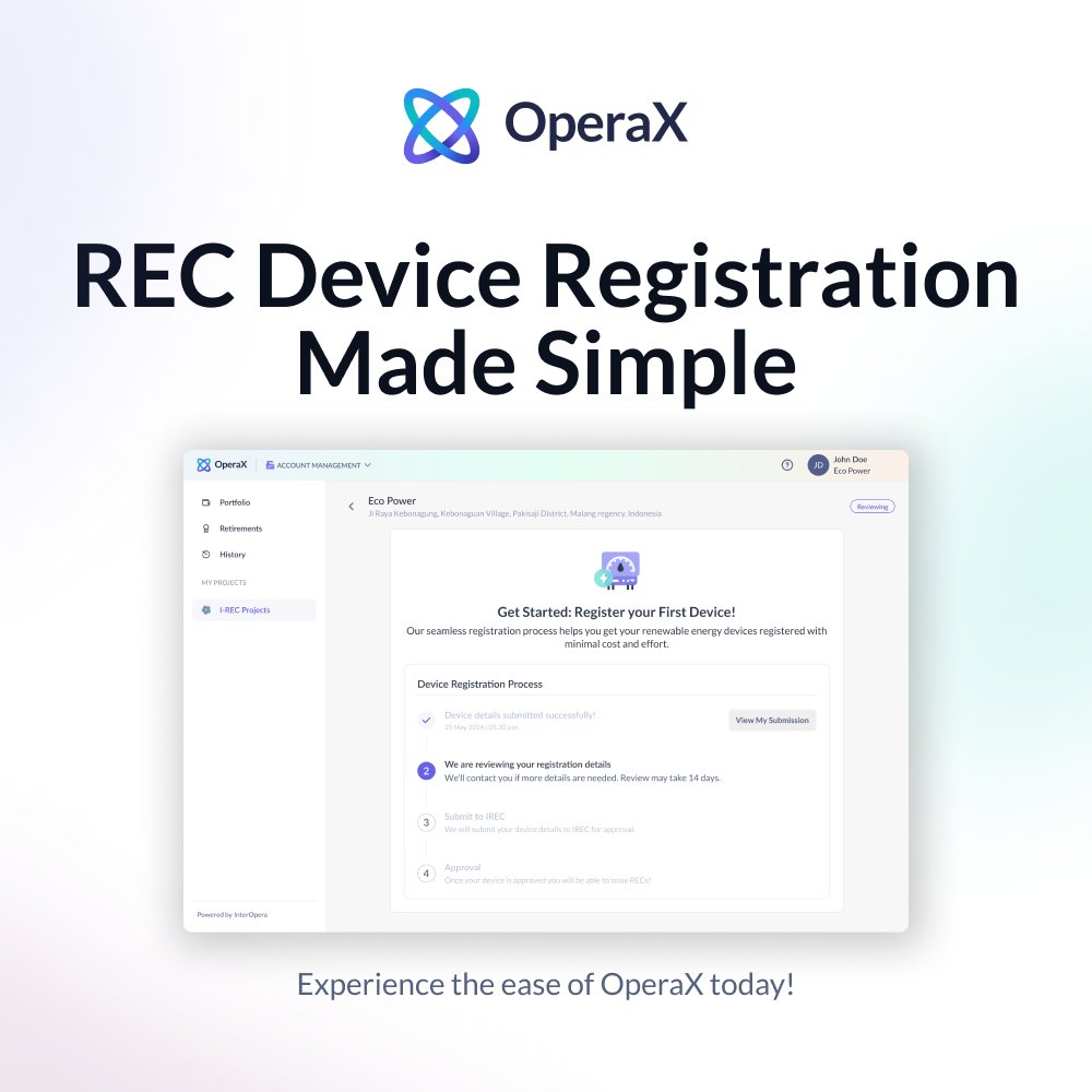 InterOpera (@interoperagroup) on Twitter photo 🌿 Discover the effortless solution for #RECDeviceRegistration with #OperaX!
Say farewell to cumbersome paperwork and hello to efficient digital solutions for #GreenAttributes management and monetisation. ⚡️
#InterOpera #RECs #RenewableEnergyCertificates #Sustainability #NetZero 🌿 Discover the effortless solution for #RECDeviceRegistration with #OperaX!
Say farewell to cumbersome paperwork and hello to efficient digital solutions for #GreenAttributes management and monetisation. ⚡️
#InterOpera #RECs #RenewableEnergyCertificates #Sustainability #NetZero