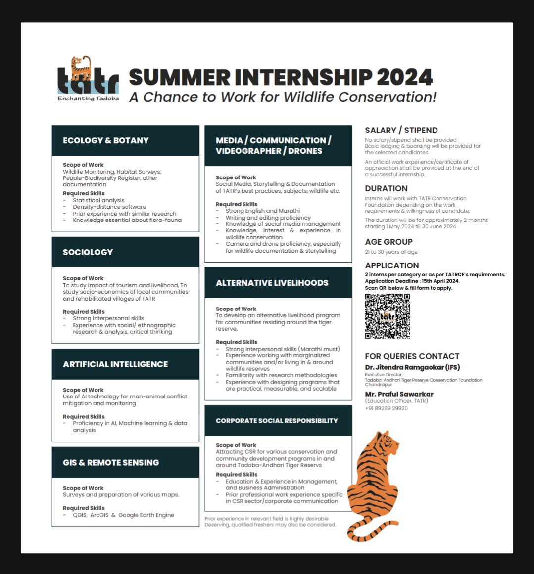 An opportunity to work for wildlife conservation Tadoba-Andhari Tiger Reserve. Summer Internship 2024. #WildlifeConservation #summerinternship #tadobaandharitigerreserve