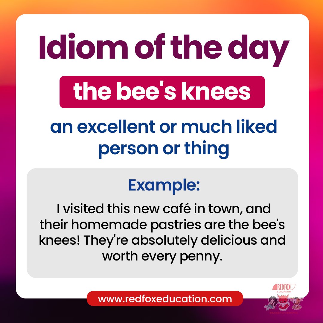 Idiom of the day.

Learn more incredible idioms and take your language skills to the next level. Subscribing to the Premium on the Red Fox Education app.

Website: redfoxeducation.com/products/incre…

#idioms #idiomsoftheday #idiomsandphrases #learnenglish #spokenenglish #RedFoxEducation
