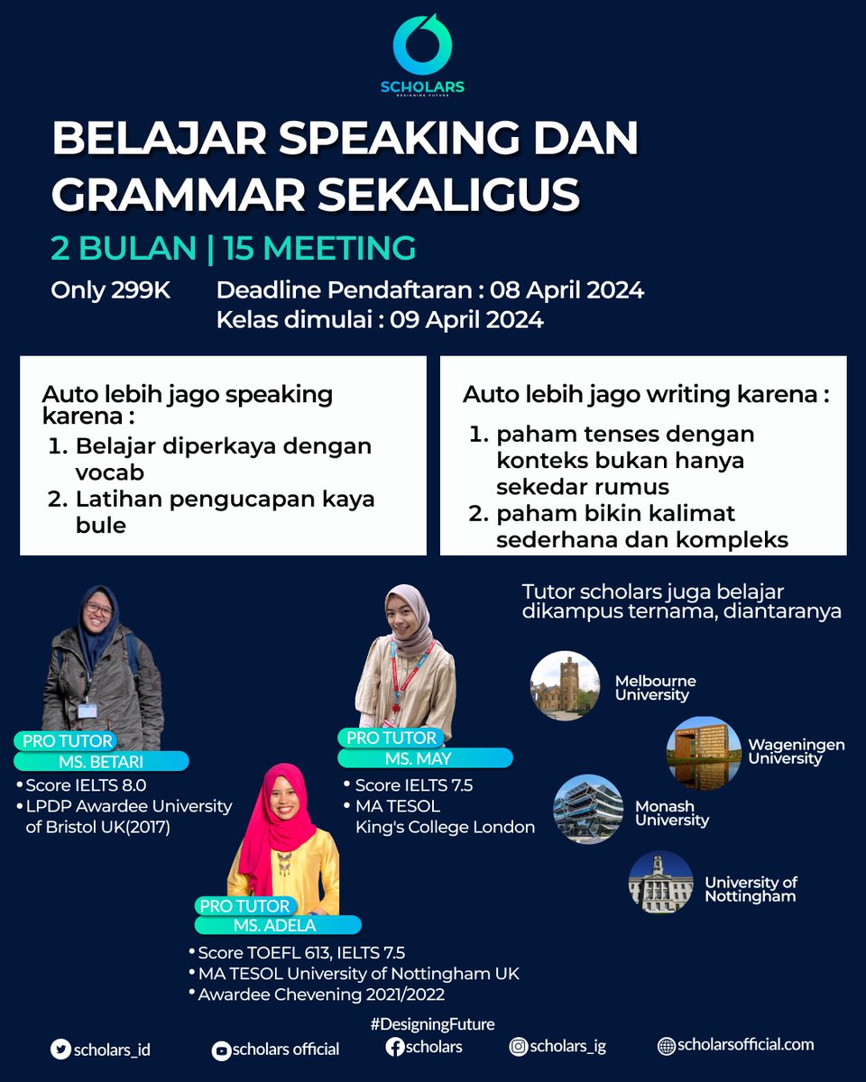 MoonJNae's tweet photo. Dalam 2 bulan belajar speaking n grammar dari basic bareng Pro Tutor Scholars. Bikin Kamu auto meningkat dan pede ngomong pakai bahasa Inggris lho😱
#LPDP #BUMN #CPNS #TOEFL #Scholarship #bahasainggris #IISMA #AAS #beasiswa #lesspeaking #studyabroad #lesgrammar #bimbel #kursus https://t.co/2R2TU7rwzj