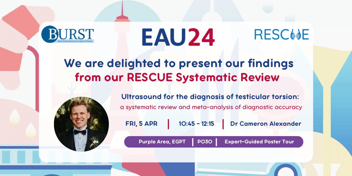 🚨 It's happening TODAY at #EAU24 🔍 Don't miss Dr @CamEAlexander's presentation of the #RESCUE Systematic Review, where we explore ultrasound's role in diagnosing #testiculartorsion ‼️ 📆 FRI 5 APR | ⌚ 10:45 - 12:15 | 📍 Purple Area, EGPT 🧐 Be there or be square! #UroSoMe