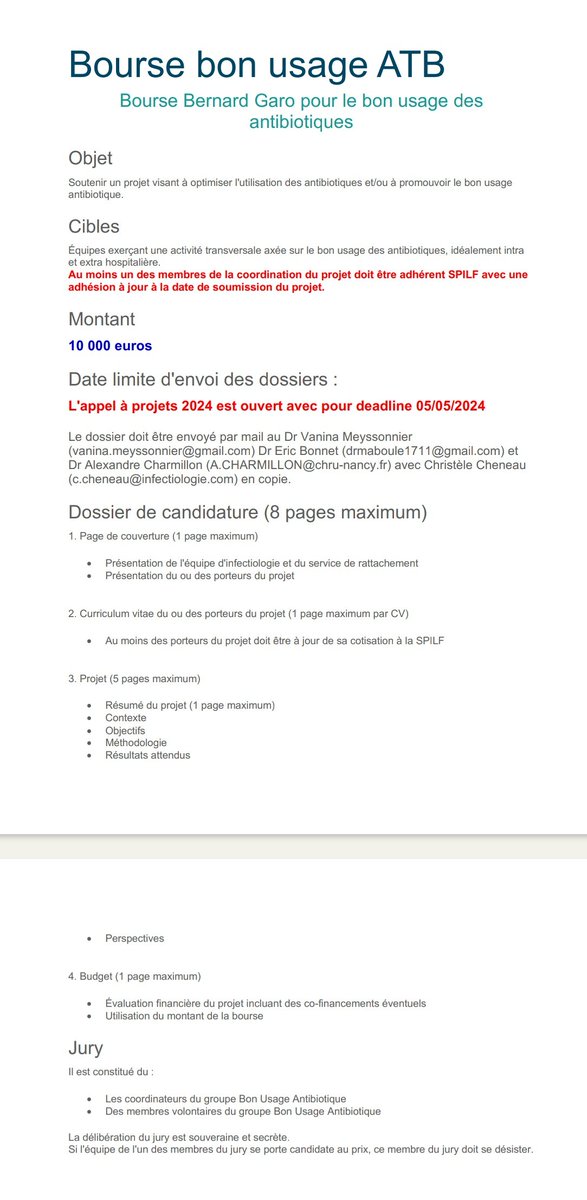 Bourse de la @SPILF_ pour effectuer un projet portant sur le Bon Usage des #Antibiotiques #BUA. 💰10.000€. 🗓️05.05.2024 @ReJIF_