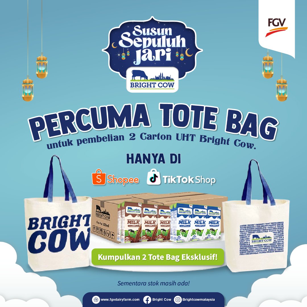 Wow! Free Tote Bag🤩 Jom dapatkan Tote Bag Eksklusif kami secara percuma dengan setiap pembelian 2 cartons susu UHT Bright Cow. Klik link di bawah untuk membeli secara online💻 Tiktok ⬇️ tiktok.com/@brightcowshop Shopee ⬇️ shopee.com.my/brightcowindus…