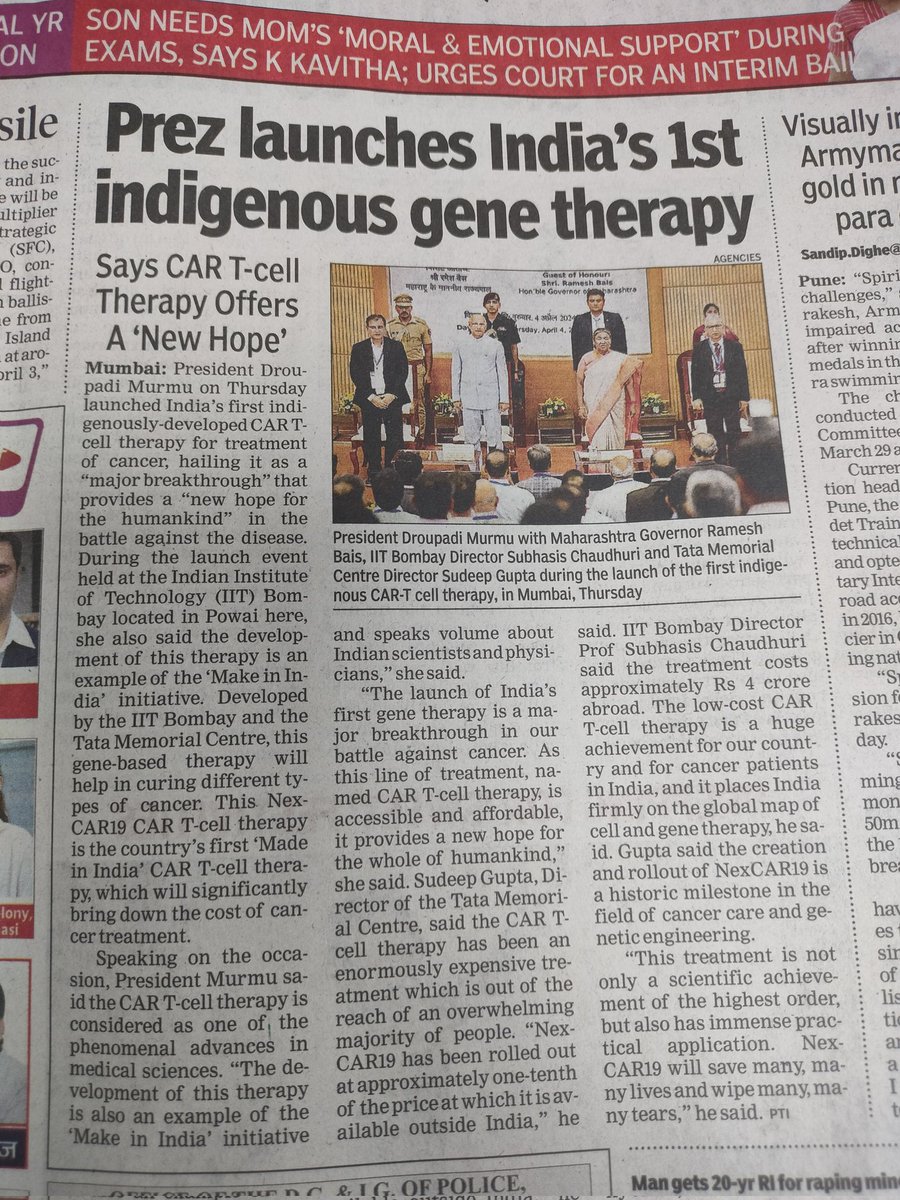 Honorable President Droupadi Murmu ma'am launched India's first CART cell therapy developed by @TataMemorial and @iitbombay .