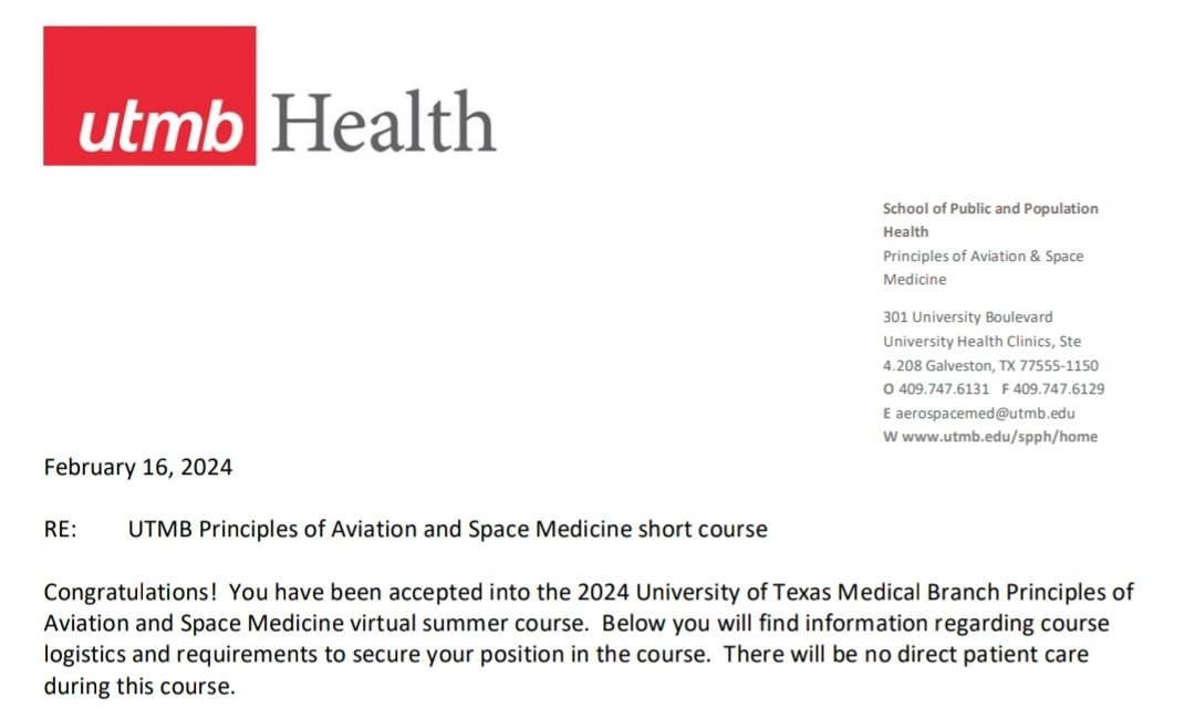 If at first you don't succeed, apply, apply, apply, apply, apply, again. After 5 years of being rejected or wait-listed, I finally get to attend the @utmbhealth Principals of Aviation and Space Medicine course this summer! Can't wait! 🛫🏥👩🏽‍⚕️👩🏽‍🚀