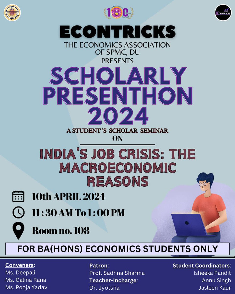 EconTricks_spmc's tweet photo. Warm greetings✨
 Department of Economics of 𝙎𝙝𝙮𝙖𝙢𝙖 𝙋𝙧𝙖𝙨𝙖𝙙 𝙈𝙪𝙠𝙝𝙚𝙧𝙟𝙞 𝘾𝙤𝙡𝙡𝙚𝙜𝙚 𝙛𝙤𝙧 𝙒𝙤𝙢𝙚𝙣 has come up with 𝙎𝘾𝙃𝙊𝙇𝘼𝙍𝙇𝙔 𝙋𝙍𝙀𝙎𝙀𝙉𝙏𝙃𝙊𝙉 2024 : A Student Scholar's Seminar 

𝙏𝙊𝙋𝙄𝘾 -: India's Job Crises : THE MACROECONOMIC REASONS https://t.co/zIBbHXhr3s