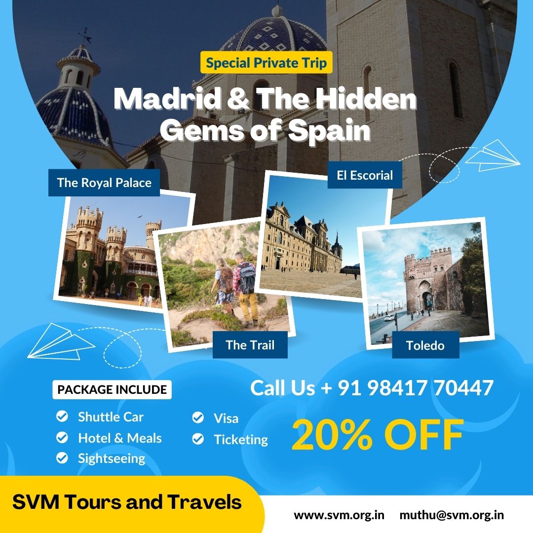 Embark on an unforgettable journey with SVM Tours and Travels to Spain! 🇪🇸✈️ Experience the allure of Spanish culture, cuisine, and landscapes at an incredible 20% off until July 2024.

#SVMToursandTravels #muthukumaransvm #SpainTravel #SVMTravels #ExploreSpain #TravelDeals