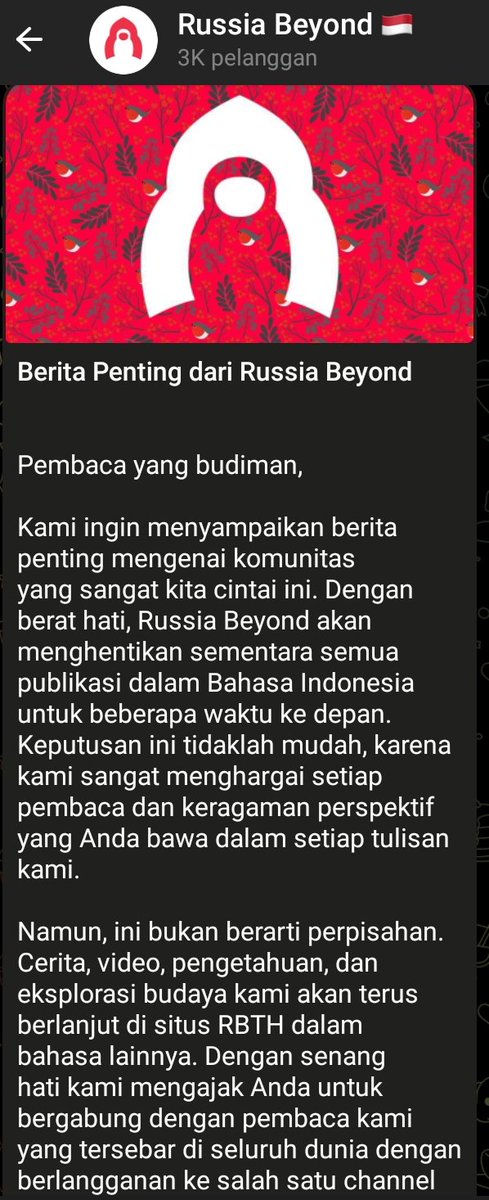 Breaking News: Russia Beyond edisi bahasa Indonesia, secara resmi mengumumkan penghentian sementara semua publikasi dalam bahasa Indonesia..