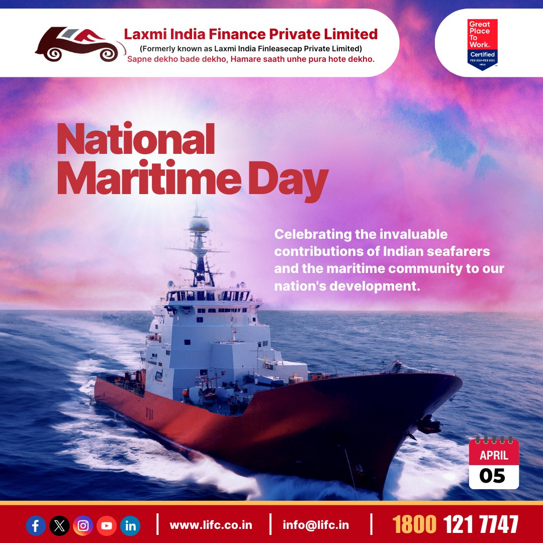 #NationalMaritimeDay
Celebrating the invaluable contributions of Indian seafarers and the maritime community to our nation's development.✨🚢

#laxmiindiafinance #NBFC #loan #finance #Laxmimitraapp #loans #PersonalLoan #vehicleloan