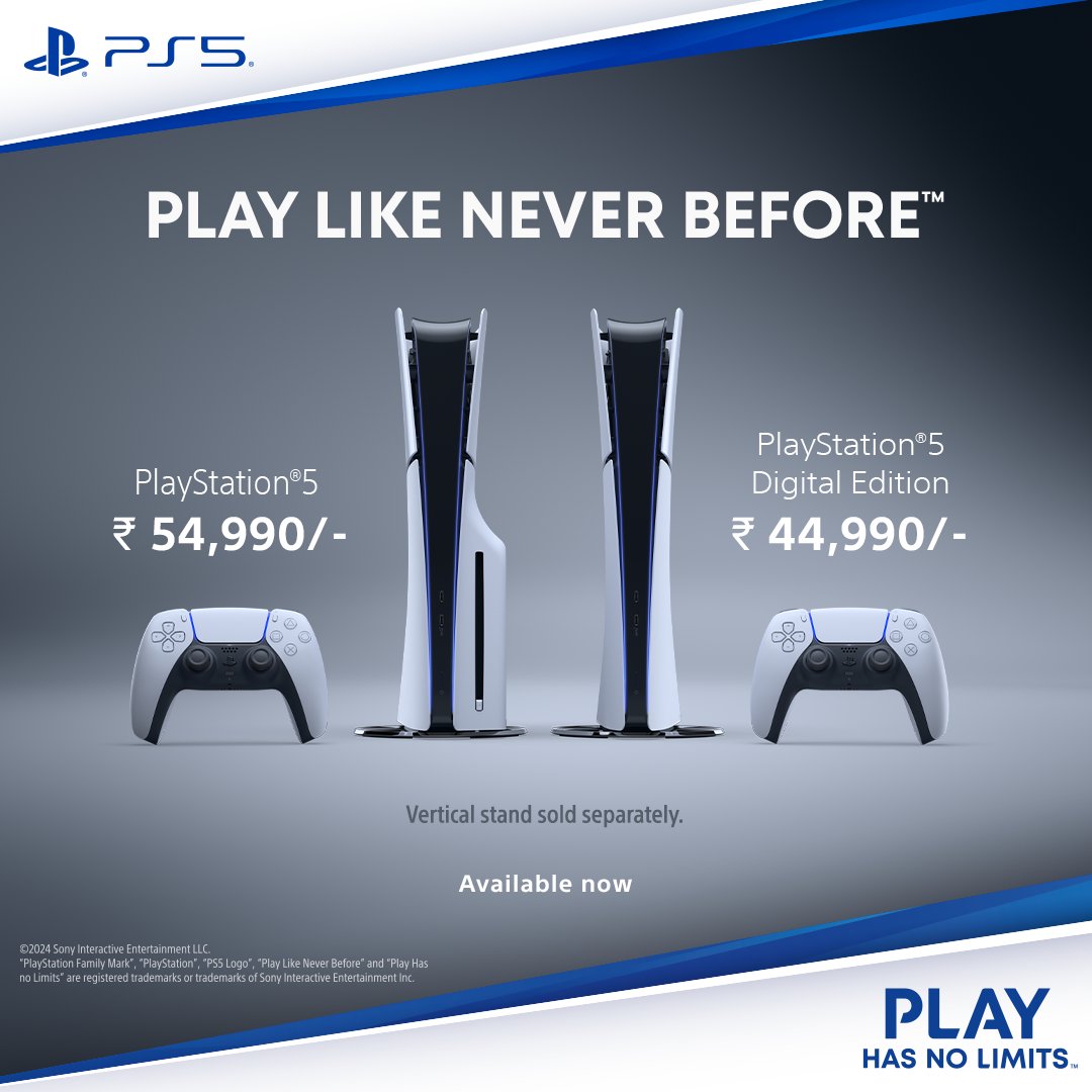 PlayStationIN's tweet photo. Play Like Never Before®
The PS5® console unleashes new gaming possibilities that you never anticipated. #PS5
Available at Amazon, Blinkit, Croma, Flipkart, Reliance, Sony Center, Vijay Sales and other participating Retailers.
#PS5 #newlaunch #PS5Launch
#NextGenGaming https://t.co/wqN3mp5uUF