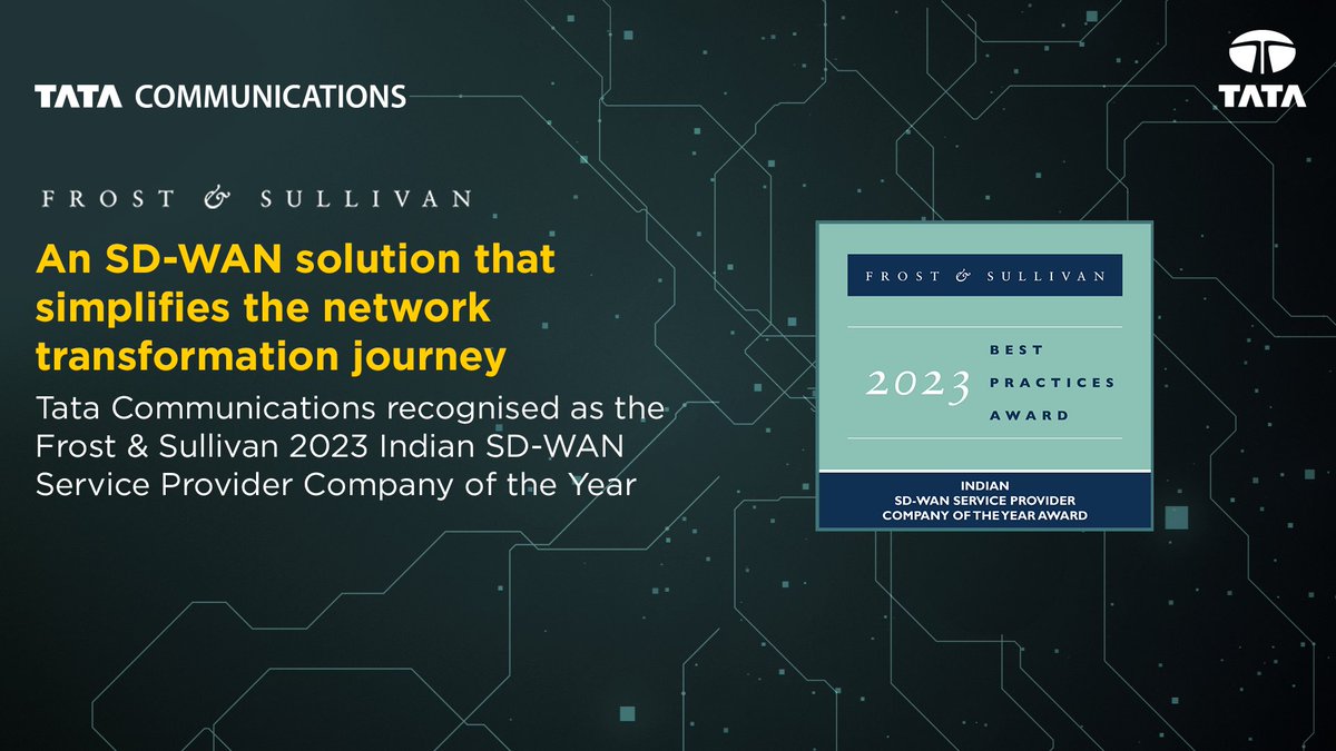 tata_comm's tweet photo. Making the most of your #SDWAN adoption in today's #hyperconnected era can often seem like an uphill task. With Tata Communications IZO™ SDWAN as a managed service, your SD-WAN journey becomes simple, cost-effective and secure.
Discover how this has led to us winning the @Frost_Sullivan 2023 Indian SD-WAN Service Provider Company of the Year Award: https://t.co/7CqDKTa7xK
#SDWAN #Award #FrostSullivan #DigitalTransformation