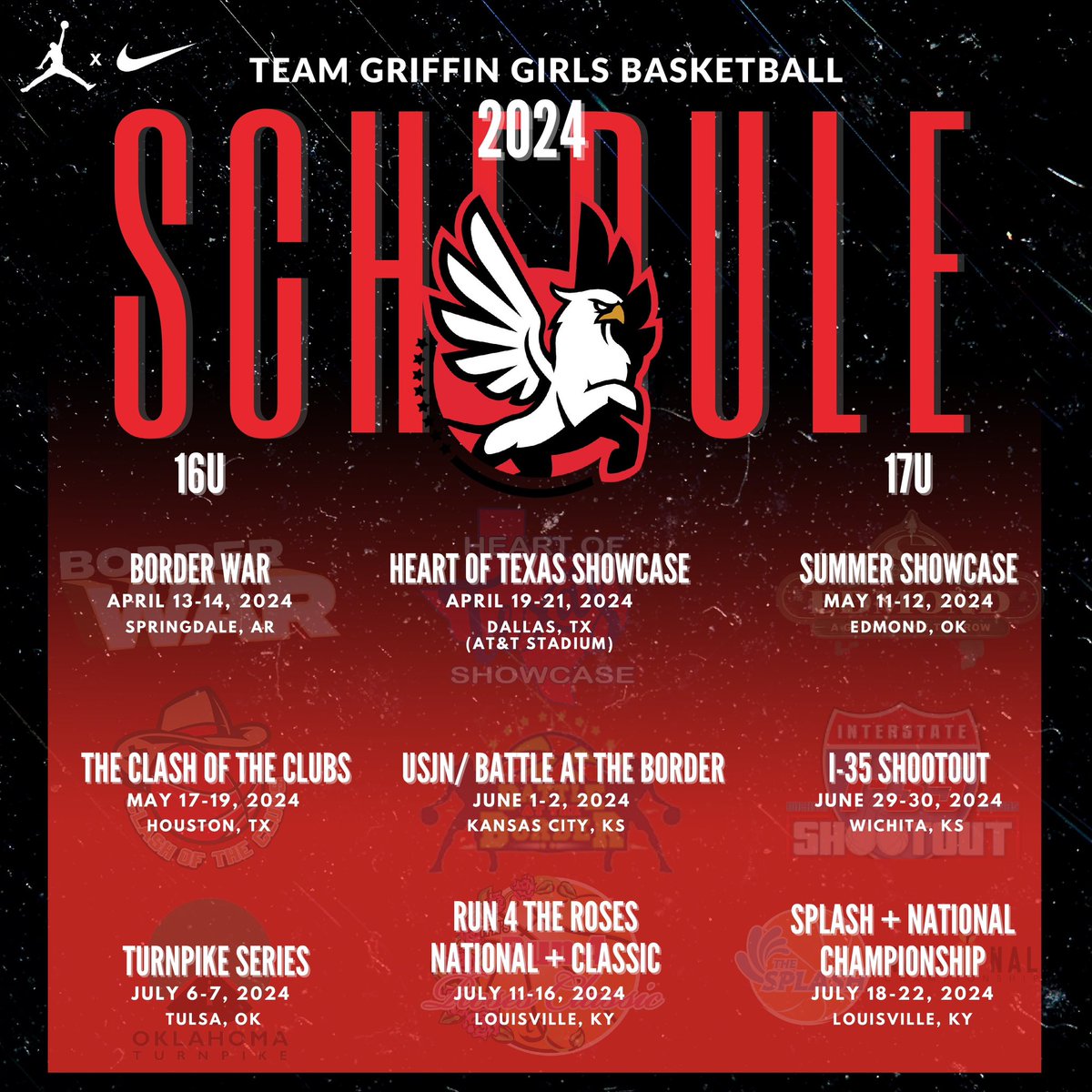 Official schedule for the 2024 summer season! Our 2025 & 2026 groups look forward to competing at a high level.  #TeamGriffin 🦅

@Elite40League @NE2KHoops  @okmagiccoach