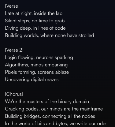 'The Code within', perhaps the first AI-generated song for computer science PhD students. Thanks @suno_ai_ app.suno.ai/song/468e9b71-… #phdlife #GenerativeAI