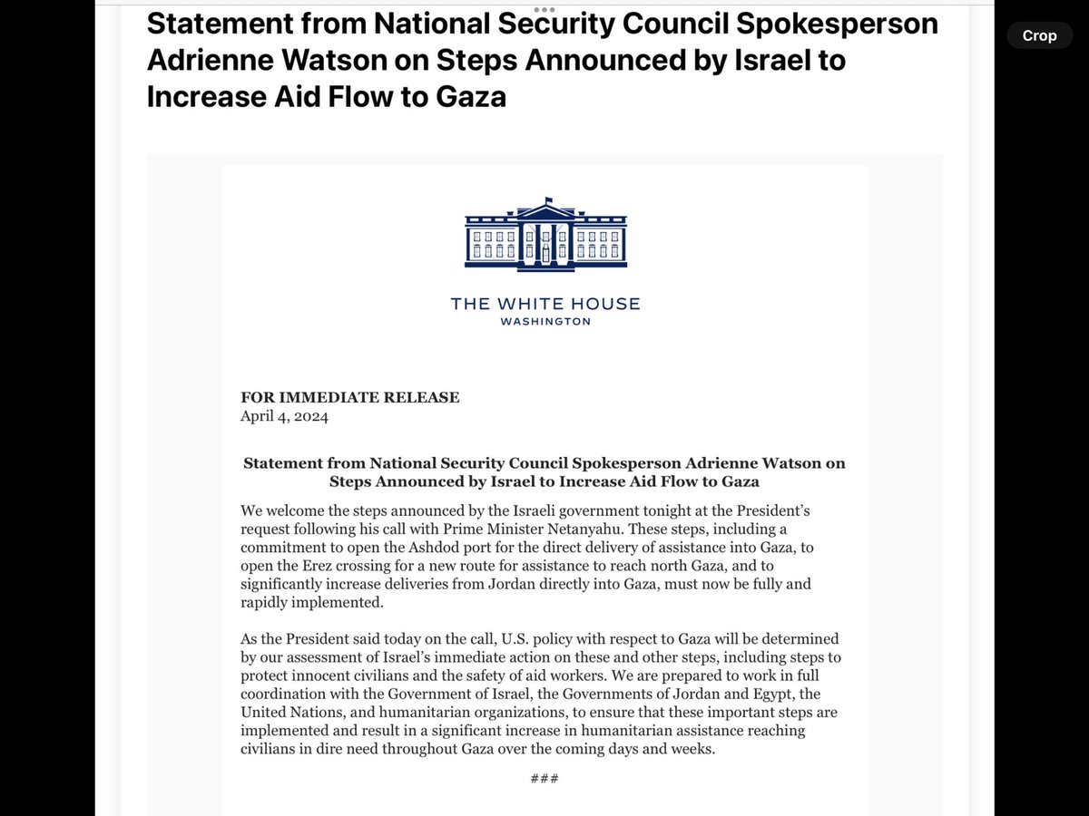 🧵NSC spox Adrienne Watson: We welcome the steps announced by the Israeli government tonight at the President’s request following his call with PM. These steps, including a commitment to open the Ashdod port for the direct delivery of assistance into Gaza,