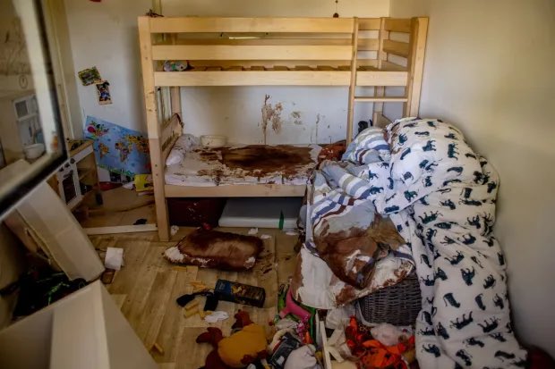 Look at this blood soaked child’s bed. Look at what Hamas did to this 12 year old autistic girl. Imagine the terror she felt inside. This little girl was savagely attacked in her home. Her house was then firebombed, and burned to the ground. She was forced to flee