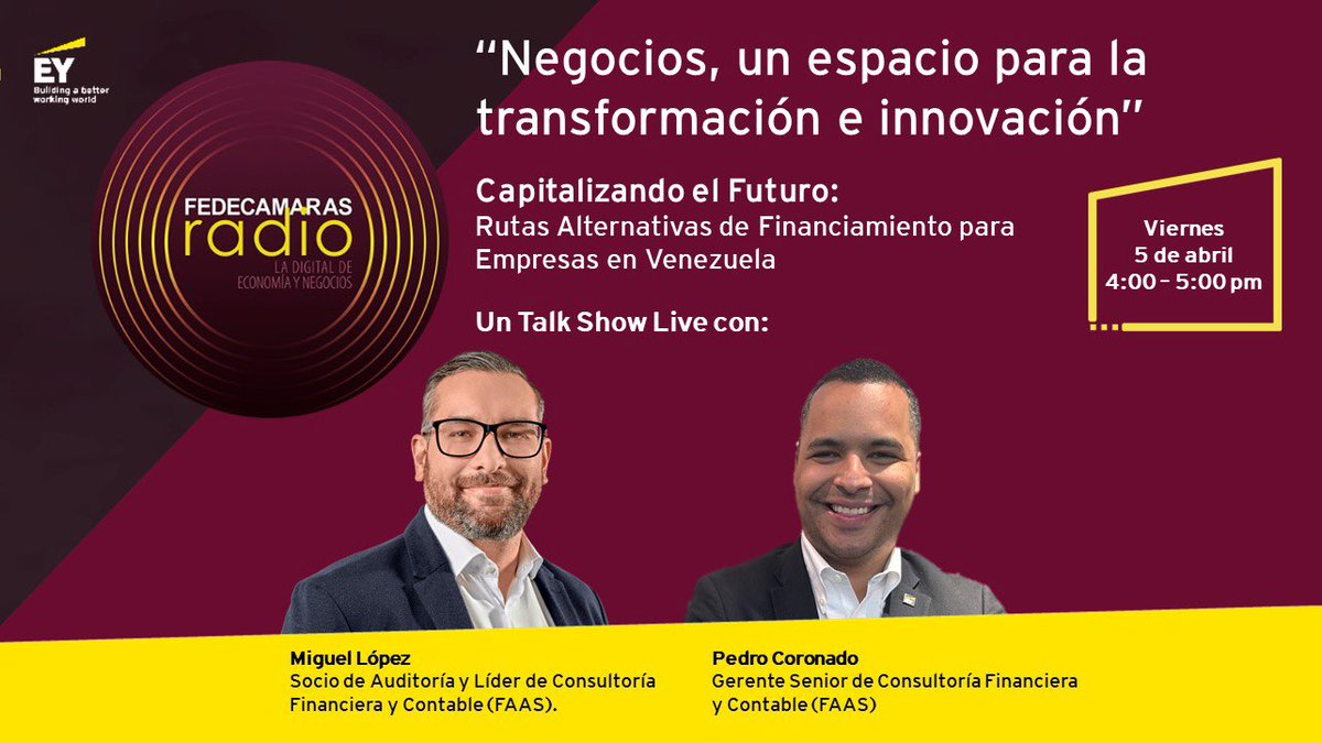 #EYVenezuela te invita a escuchar mañana #5abril a las 4:00 pm el programa radial EY: 'Negocios, un espacio para la transformación e innovación'

Únete a la conversación a través del enlace:  fedecamarasradio.com/directo.html o a través de la cuenta instagram de @EYVenezuela.