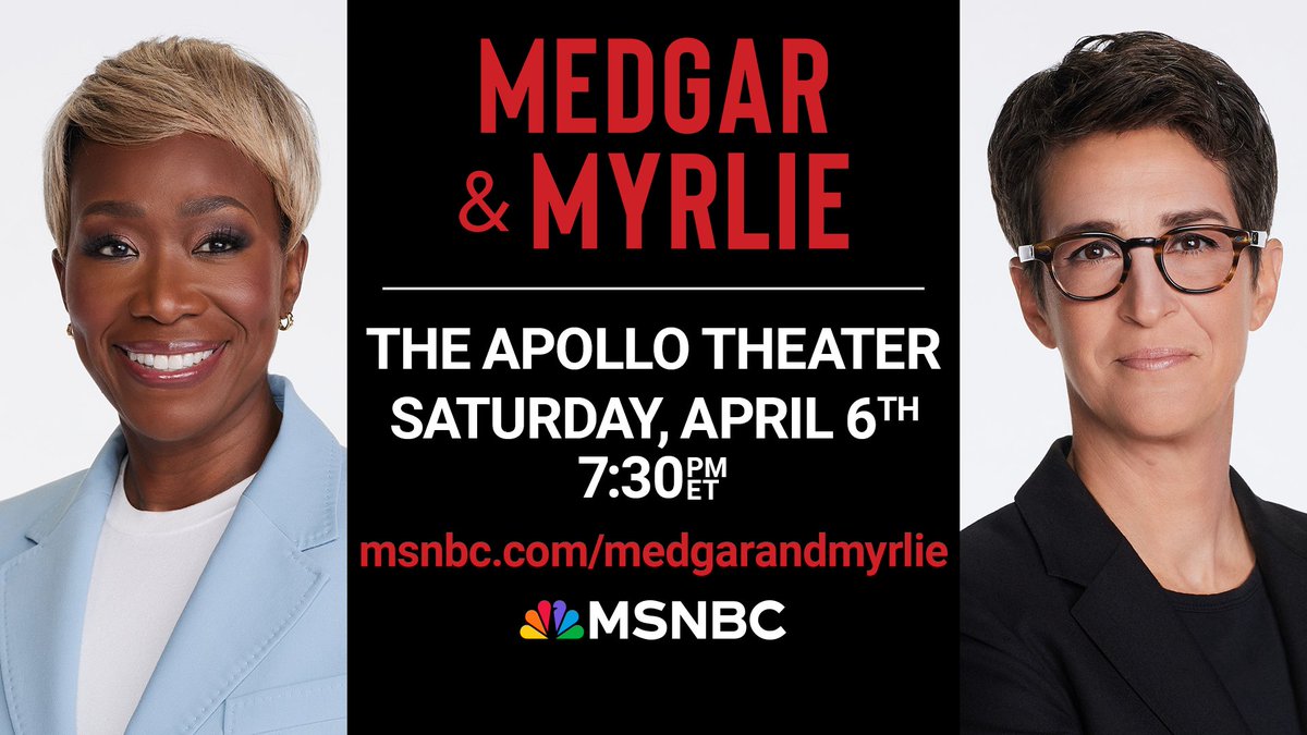 COMING UP: This Sat. April 6 join Rachel Maddow & Joy at The Apollo Theater in New York City as they discuss Joy's #1 New York Times Best Seller, 'Medgar & Myrlie: Medgar Evers and the Love Story That Awakened America'! Get your tickets while they last: msnbc.com/medgarandmyrlie