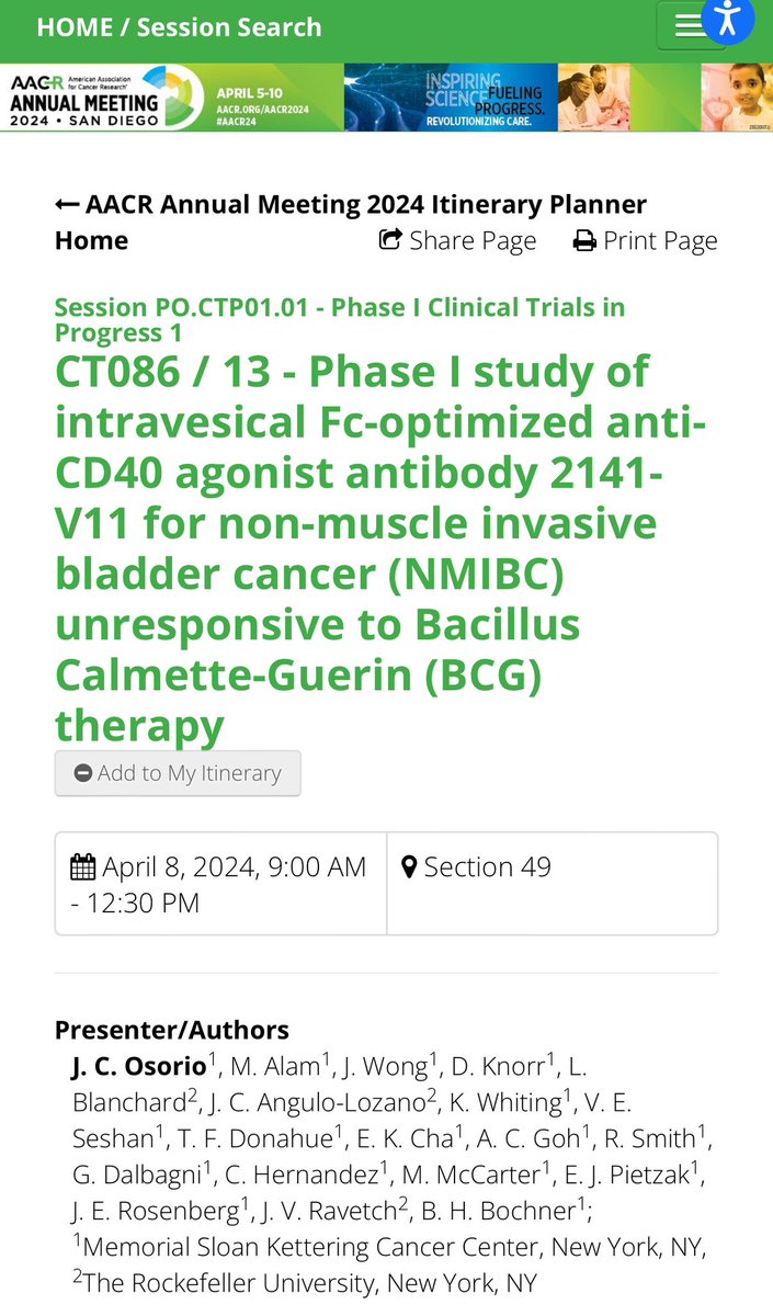 Looking forward to presenting prelim results of our phase 1 study of intravesical Fc-engineered anti-CD40 agonistic antibody in NMIBC at @AACR. Amazing MSK/RU collaboration led by @bbmdms @DrRosenbergMSK moving from the bench to the clinic! #AACR24 abstractsonline.com/pp8/#!/20272/p…