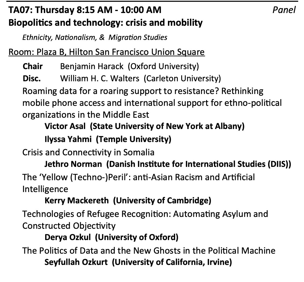 I'm thrilled to be joining both old and new colleagues at #ISA2024. Today, we had fascinating discussions on the use of digital technologies in asylum, conflicts, state surveillance, and foreign relations.