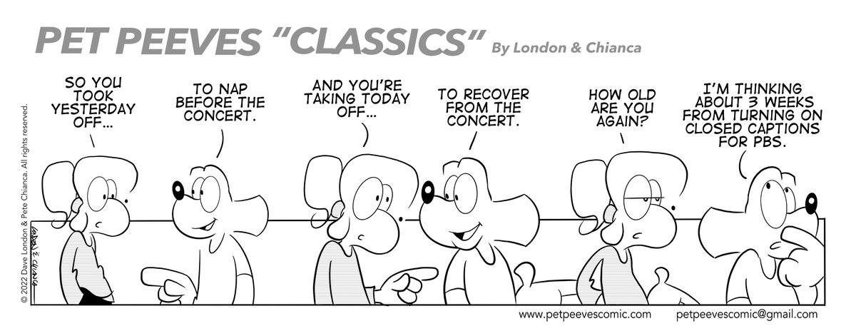 CJ coordinates his concertgoing in this excerpt from the upcoming Pet Peeves collection, 'Nerd Dad!' (Originally from August, 2022.) #concert #aging #closedcaptions #comicstrip #humor