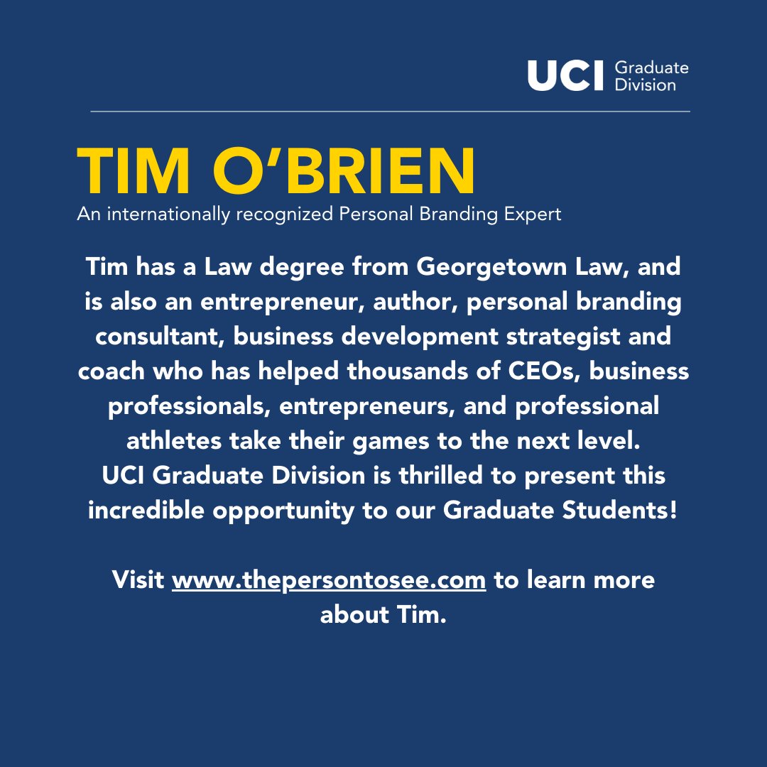 An exciting opportunity! Join us for an A2i sponsored Personal Branding Seminar with Tim O'brien. 🗓️ Tues, April 23rd from 4-5pm 📍 UCI Division of Continuing Education - Yosemite Conference Room 🔗 Register at: bit.ly/a2i-timobrien #UCIGradLife