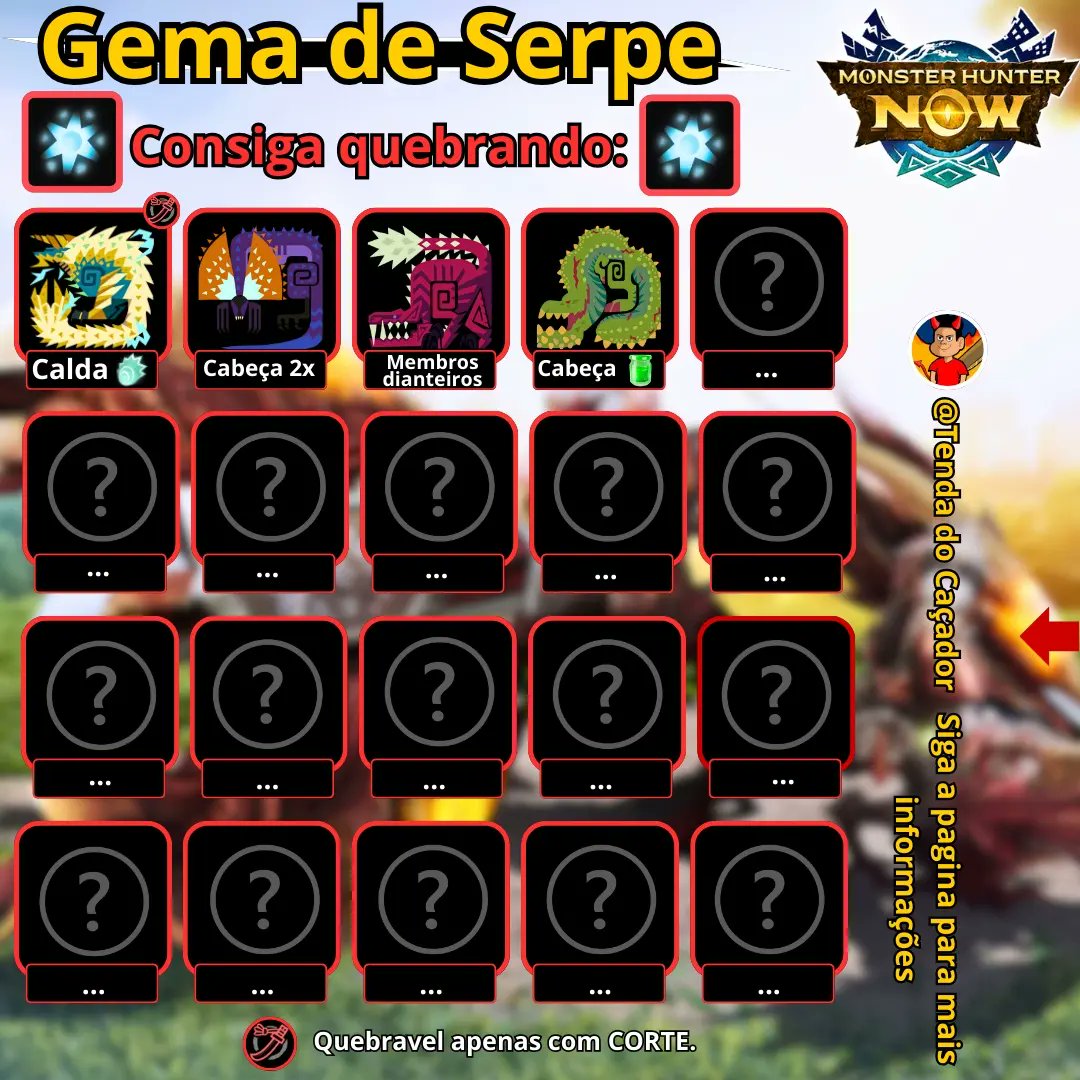 tendadocacador's tweet image. Tabela para quem quer farmar as gemas de serpe "raridade 6" com mais eficiência!

Sim, a parte que você quebra dos monstros influência nas recompensas pós batalha aumentando um pouco a chance de vir certos itens.

#MHNow #mhn #monsterguidenow