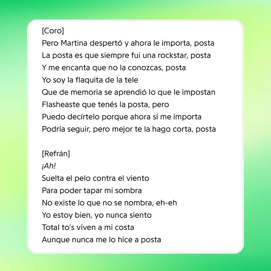 fedeebongiorno's tweet photo. 🎶 La letra de “posta”, el nuevo tema de Tini: 

“Porque he nacido con dinero, en una cuna de oro, nada duele, ¿esa es la posta?” https://t.co/8Ah6Iddyuu