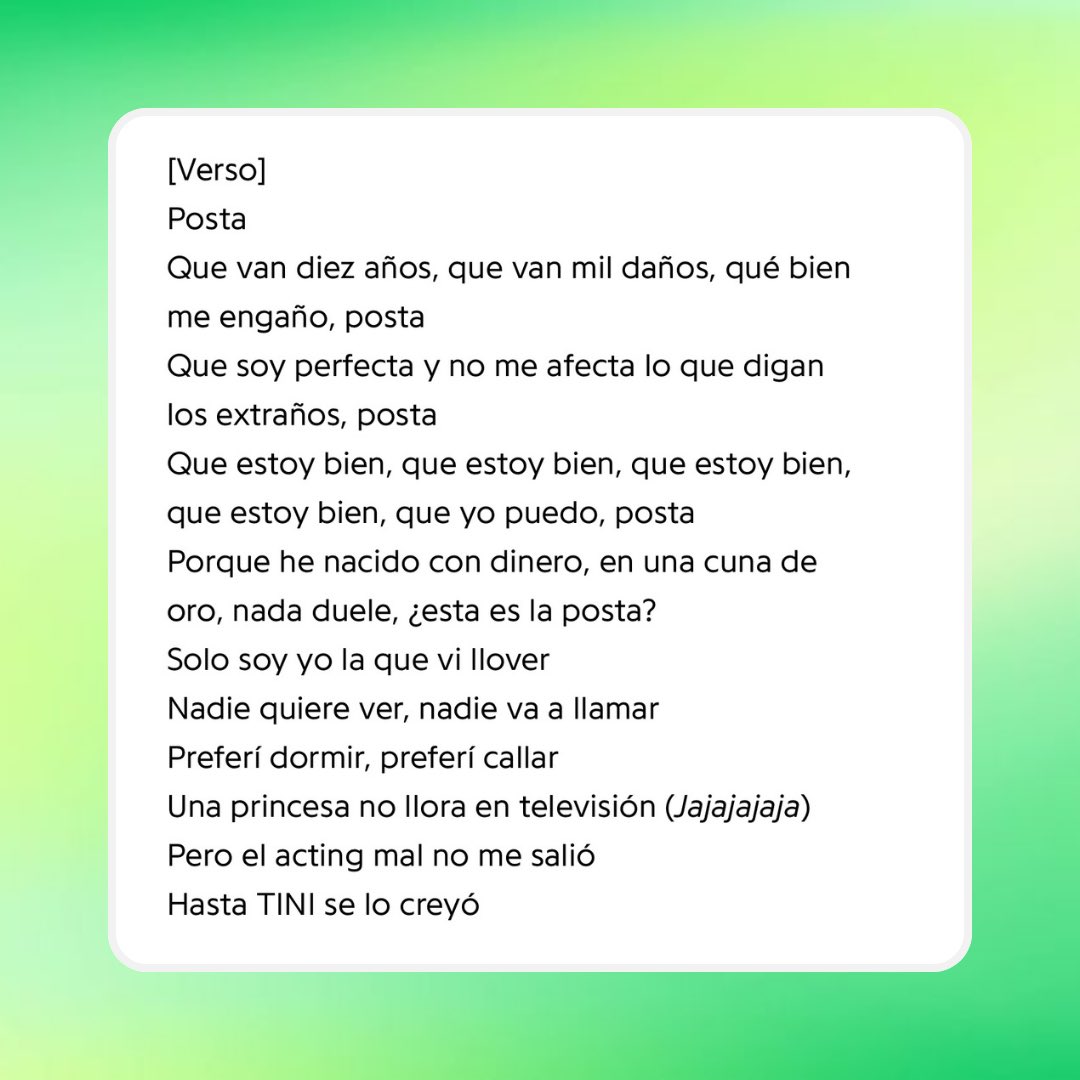 fedeebongiorno's tweet photo. 🎶 La letra de “posta”, el nuevo tema de Tini: 

“Porque he nacido con dinero, en una cuna de oro, nada duele, ¿esa es la posta?” https://t.co/8Ah6Iddyuu
