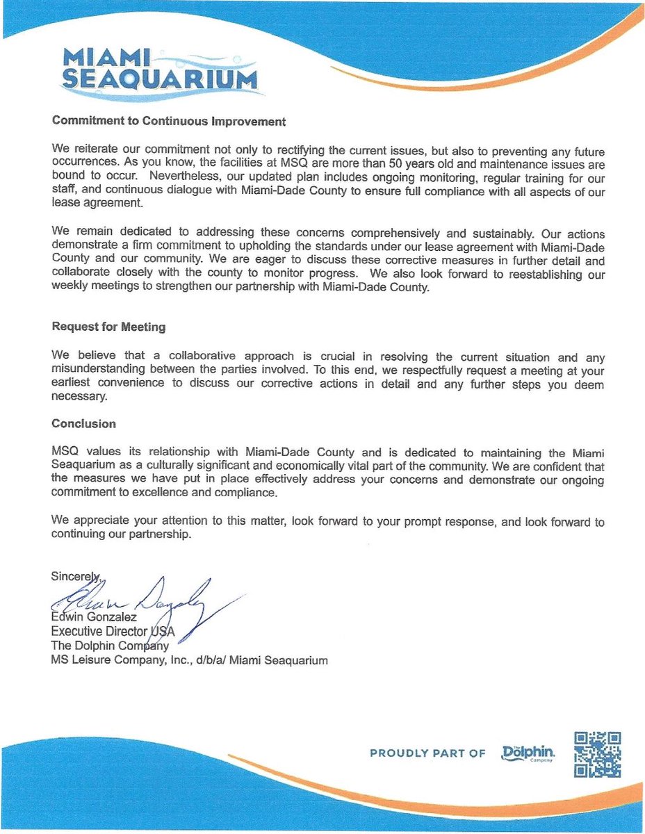 We would like to share another letter sent to Miami Dade County COO, Jimmy Morales, today.