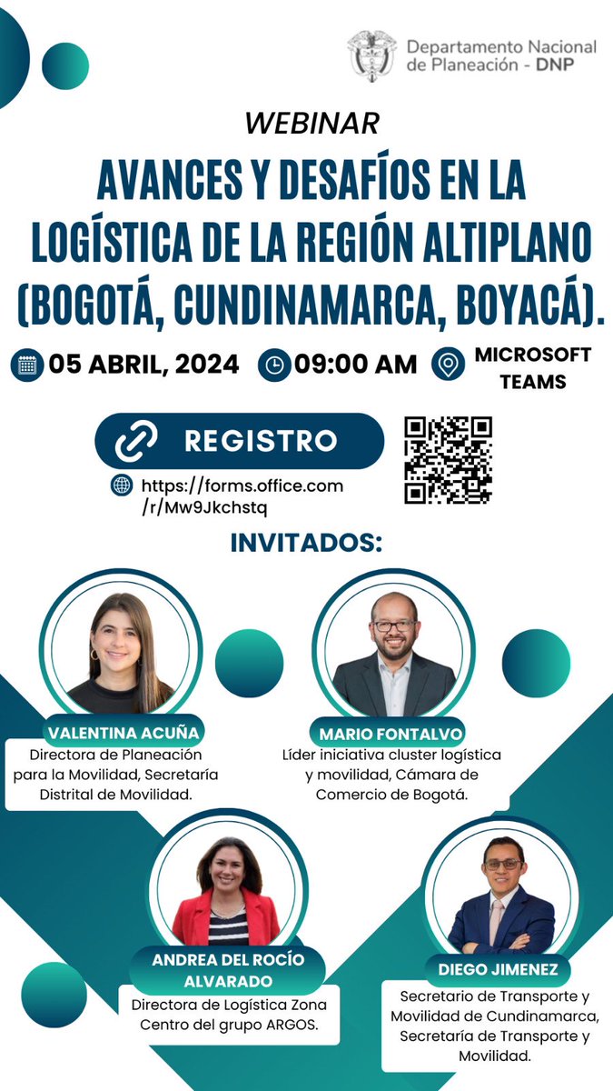 DNP_Colombia's tweet photo. El #DNP tiene el gusto de invitarles al webinar “Avances y desafíos en la logística en la región Altiplano -Bogotá, Cundinamarca, Boyacá-”, donde se abordarán los resultados de la Encuesta Nacional Logística 2022 en la región.

🗓️5 de abril
⌚️9:00 AM
👩🏽‍💻https://t.co/jC3vpeIWoS https://t.co/FzRWke5PRU
