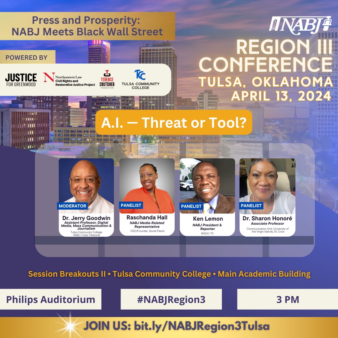 ✨ Happening at #NABJRegion3: 🤖✍️ Join us for an enlightening session at Tulsa Community College, where experts Dr. Jerry Goodwin, <a href="/raschandahall/">Raschanda Hall</a>, Dr. Sharon Honoré, and <a href="/kenlemonnabj/">Ken Lemon</a> will explore how AI can enhance journalism. 🔑bit.ly/NABJRegion3Tul…