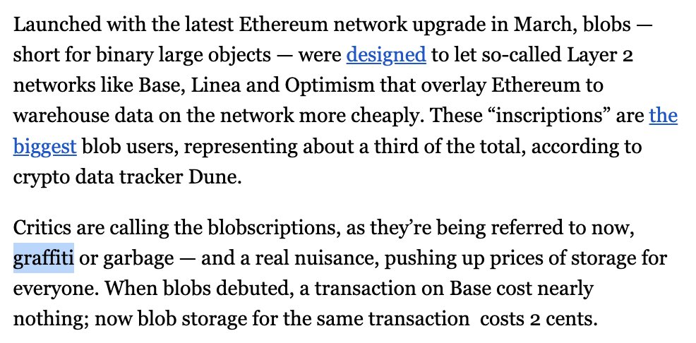 More than a year later Bloomberg (@crypto) is now reporting about the graffiti on Ethereum & my feeling has stayed the same. Tag up all chains! Blobs “were intended for use by billion-dollar organizations, @dumbnamenumbers said to BB. “Why not let normal people have the same…