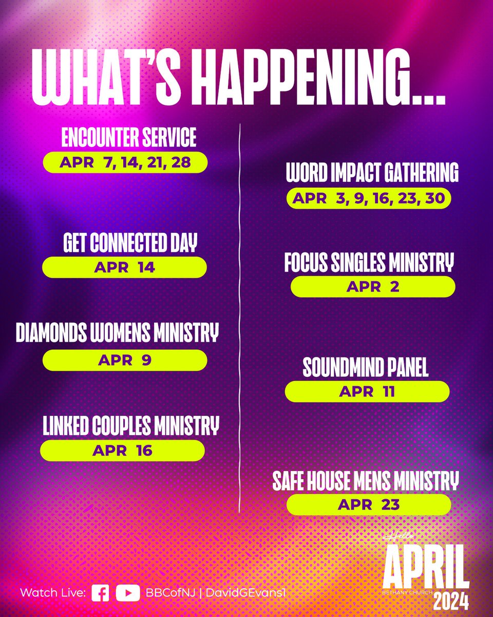 April at Bethany Church is packed with uplifting, connecting, and inspiring events! From our Encounter Worship Service to empowering moments at our Women's and Men's Ministries—there's something for everyone! Stay plugged in, and let's grow together! #TransformingLives