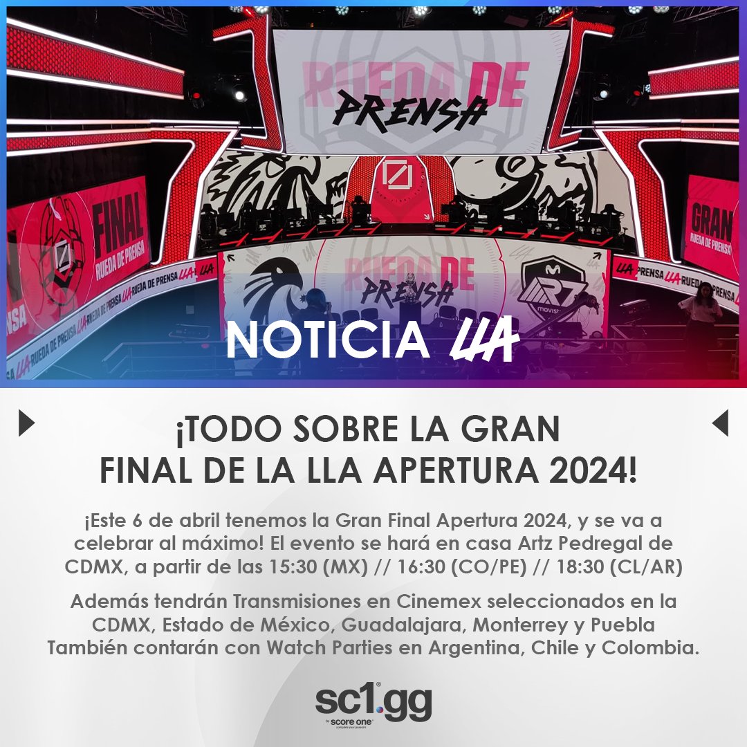 sc1mx's tweet photo. ✨¡Todo sobre la Gran Final de la LLA Apertura 2024! 🏆

@EstralEsports   vs @Rainbow7lol 

Te mostramos otras opciones donde ver la gran final de la Apertura 2024 de la  LLA
.
https://t.co/saOAYx3i4z
.
https://t.co/XpqIzDJt7s

 #SC1 👕 #LLA https://t.co/OC70IaSDBQ