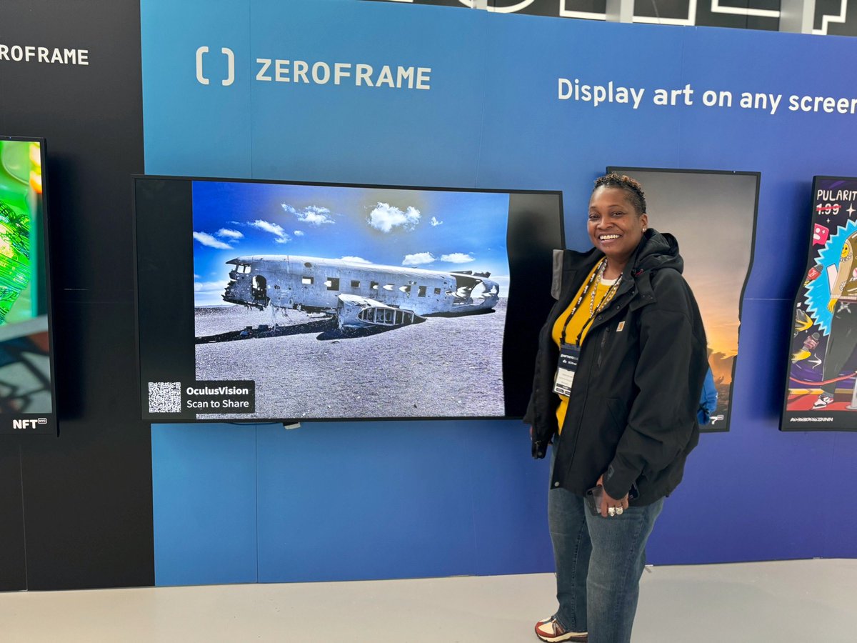 OculusVision's tweet image. Me next to my photography at the #NFTNYC2024 Community Artist Showcase at (North Javits, April 3-5)