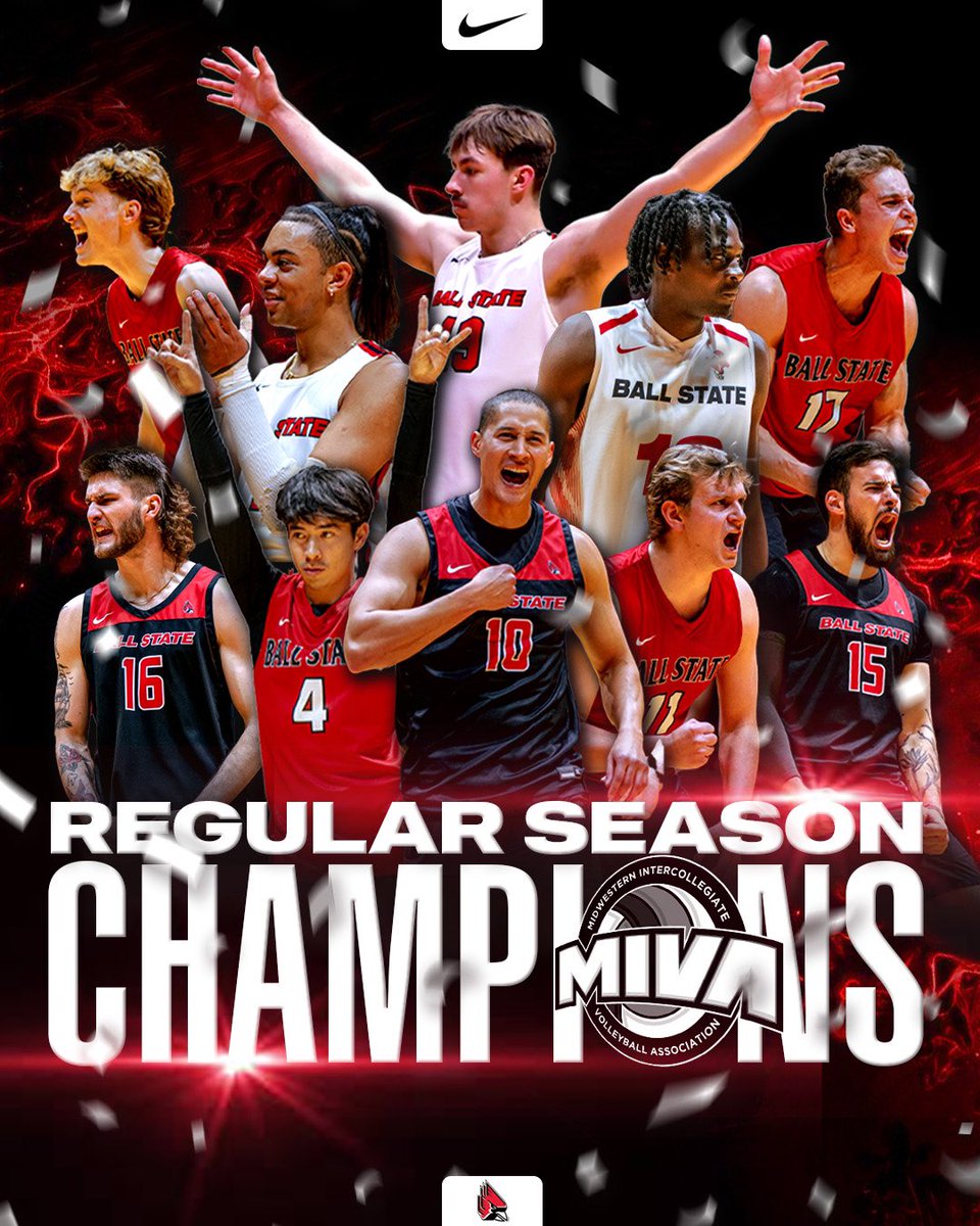 BallStateMVB's tweet photo. MIVA REGULAR SEASON CHAMPS!! With tonight’s win, your Cardinals clinch at least a share of the @MIVAVolleyball regular season title for the third straight season 🏐

#ChirpChirp x #WeFly https://t.co/Qu9YMPLoe5