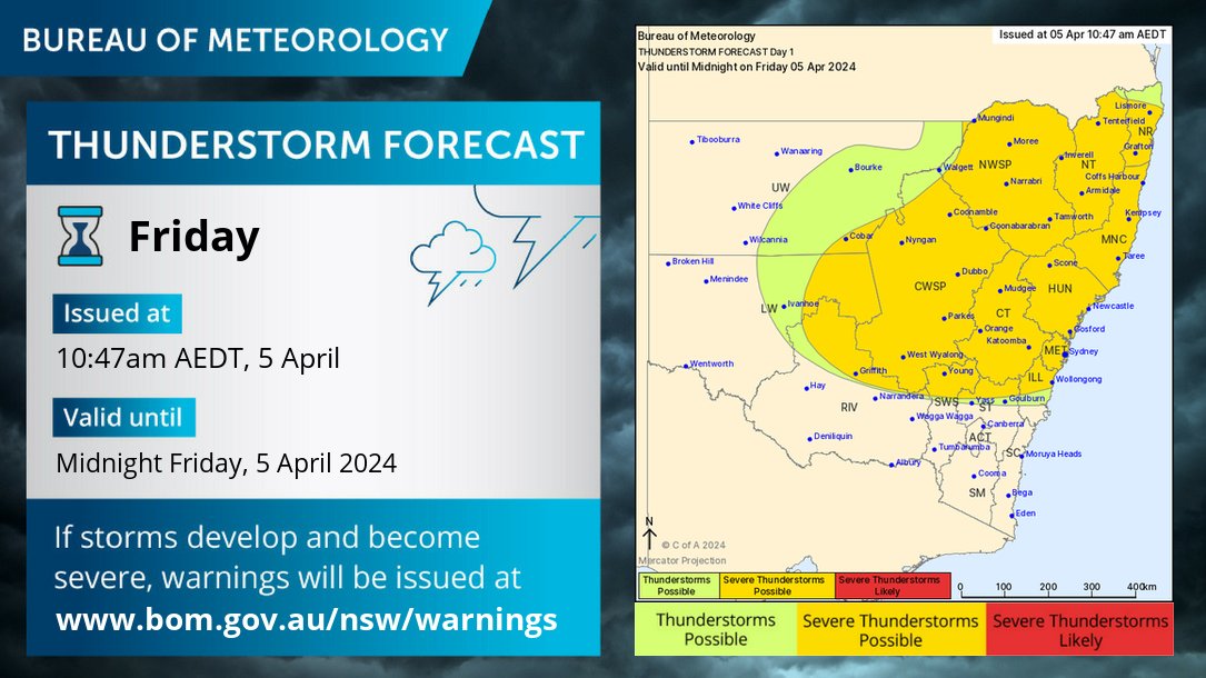 ⛈️ Thunderstorm Forecast for today (Friday): Severe storms possible for central and northern NSW, with risk of isolated heavy falls and potential flash flooding. Heavy falls may lead to river rises. Latest warning details at: bom.gov.au/nsw/warnings/