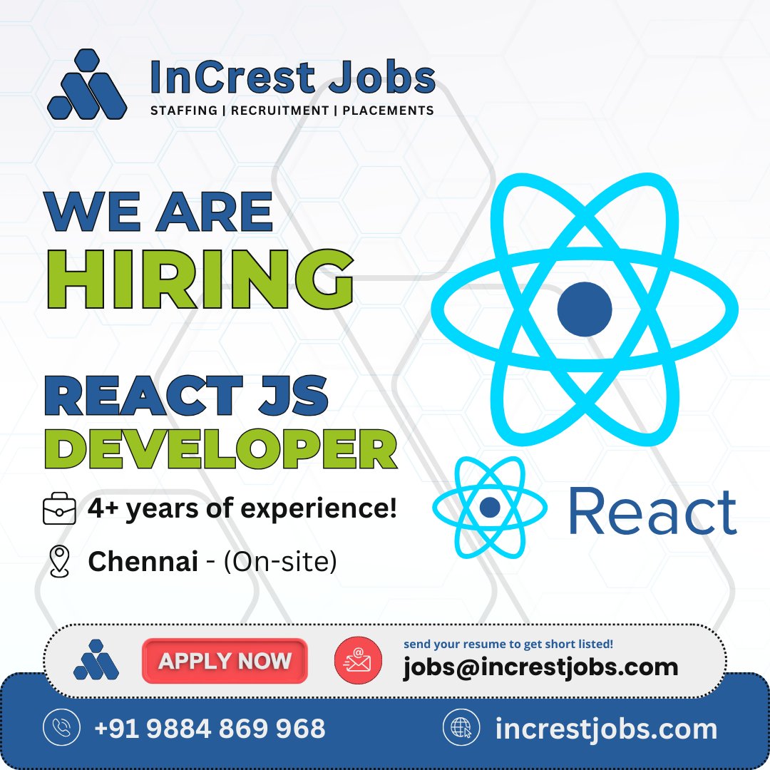 We are hiring a ReactJS Developer to craft dynamic and interactive user interfaces, driving innovation in our web projects. send your resume to jobs@increstjobs.com #InCresting #InCrestJobs #ReactJSDeveloper #TechTalent #DeveloperJobs #HiringNow #ApplyToday