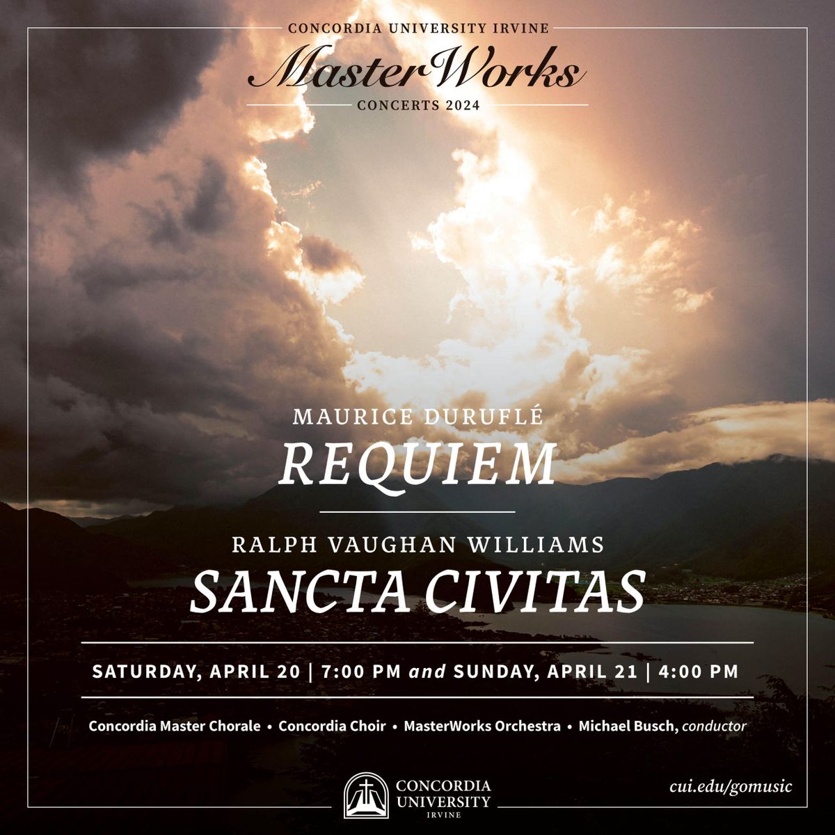 Experience one of the most memorable events of the year at the Concordia MasterWorks Concerts featuring Duruflé's ethereal Requiem and Vaughan Williams' majestic Sancta Civitas. Join us on April 20 & 21: bit.ly/49nem4q
