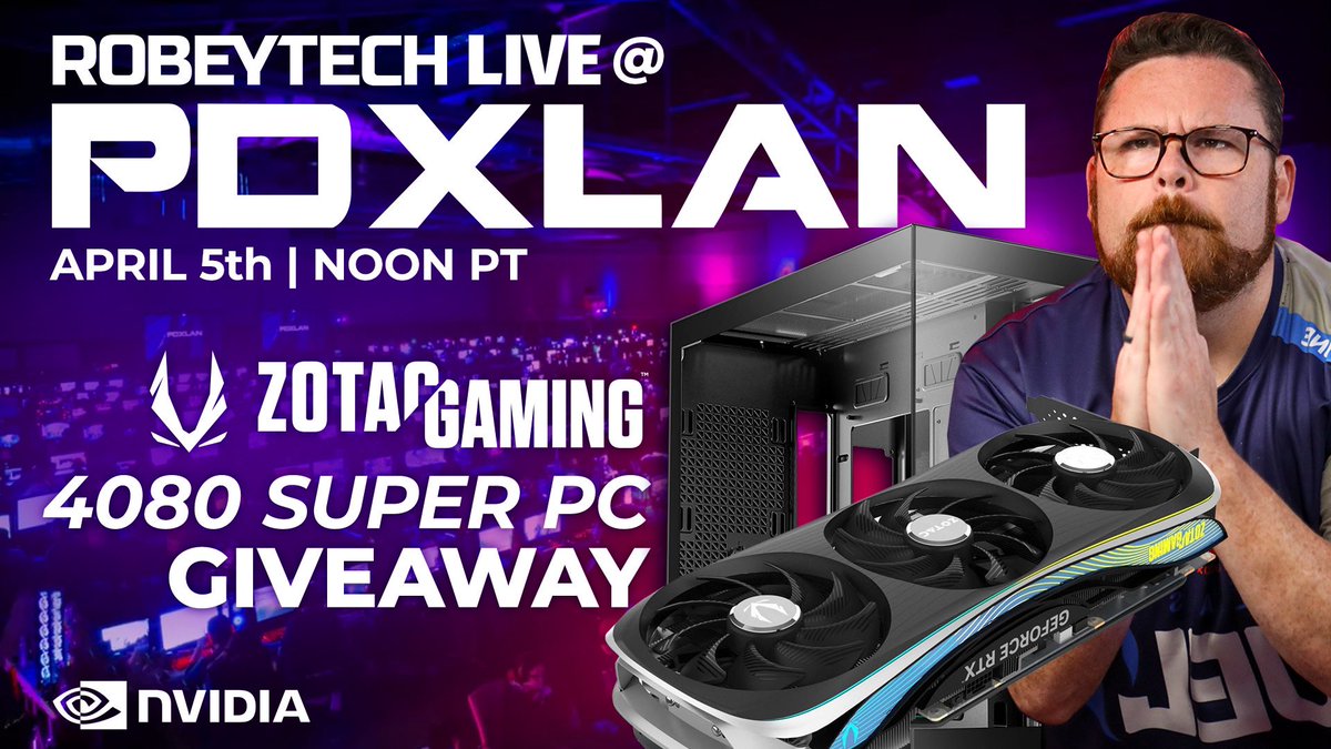 Epic stream tomorrow @PDXLAN with @ZOTAC_USA and @NVIDIAGeForce for a build featuring the Zotac AMP 4080 Super! - Giving away two GPUs (4080 and 4060) - Build in the @antec C8 ARGB - Benchmarking - Other surprises and giveaways! Cya April 5th 12PM PT- Twitch.tv/robeytech