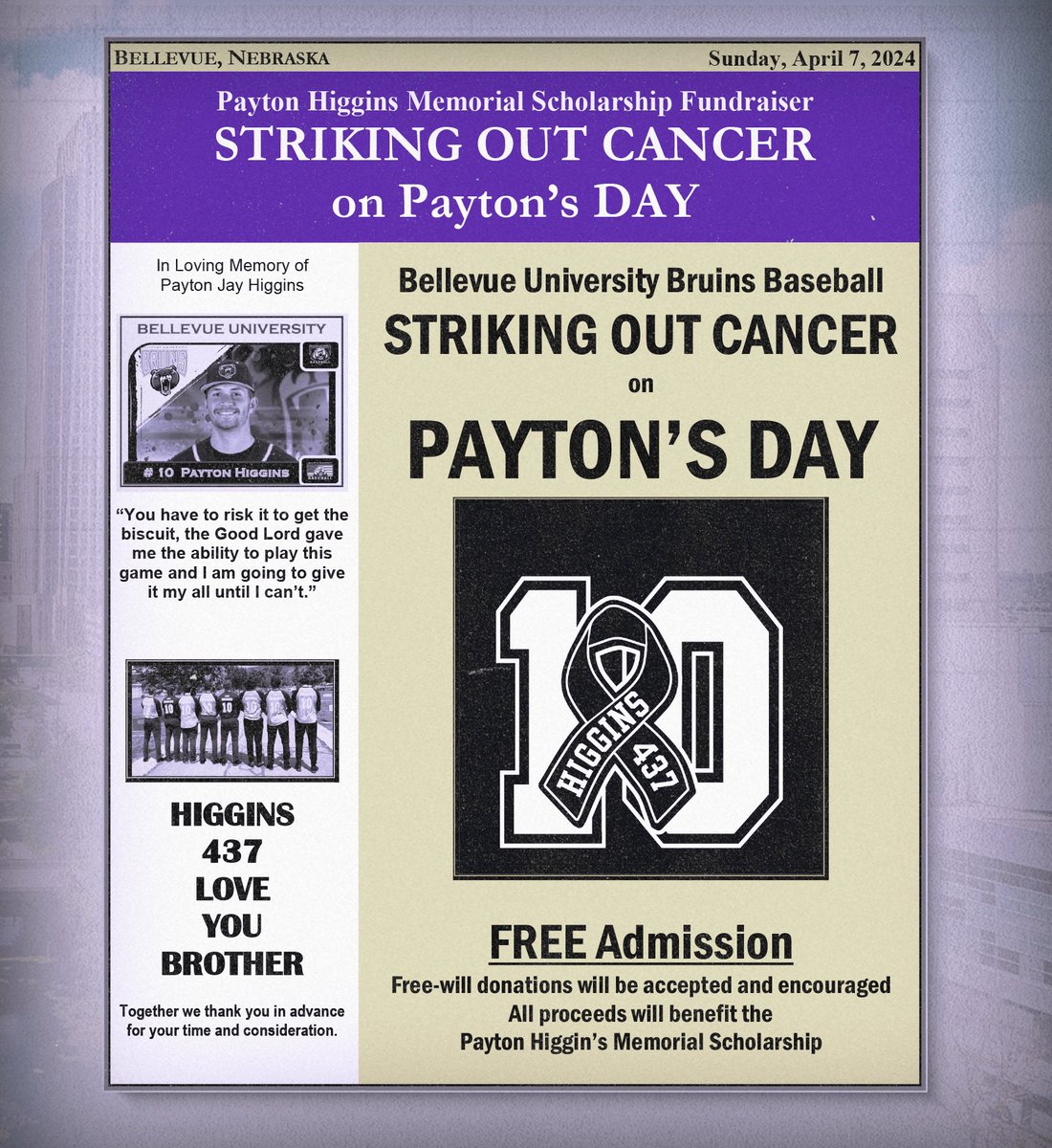 BUBruinBaseball's tweet photo. Tomorrow your Bruins will be celebrating Payton’s Day!

Donations will be accepted with all proceeds going to the Payton Higgins Scholarship. 

Swipe for more information ➡️ https://t.co/ajCizKWXuN