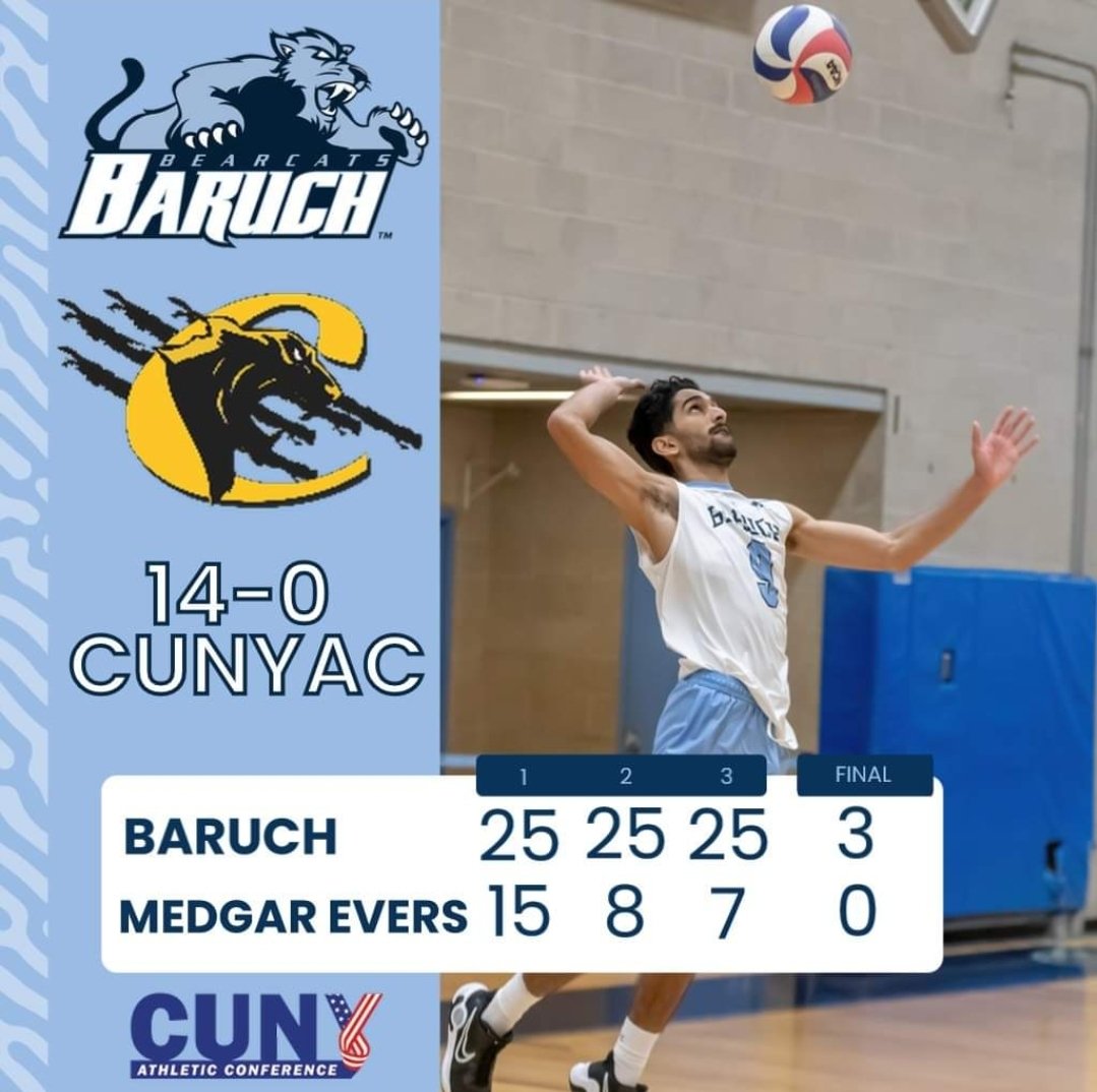 The men's volleyball team finished their @CUNYAC regular season schedule undefeated! The Bearcats will next begin their participation in the CUNYAC Championship Tournament on Thursday, April 11, with a 6pm home semifinal match against Lehman or Brooklyn. @BaruchBearcatAD #d3vb