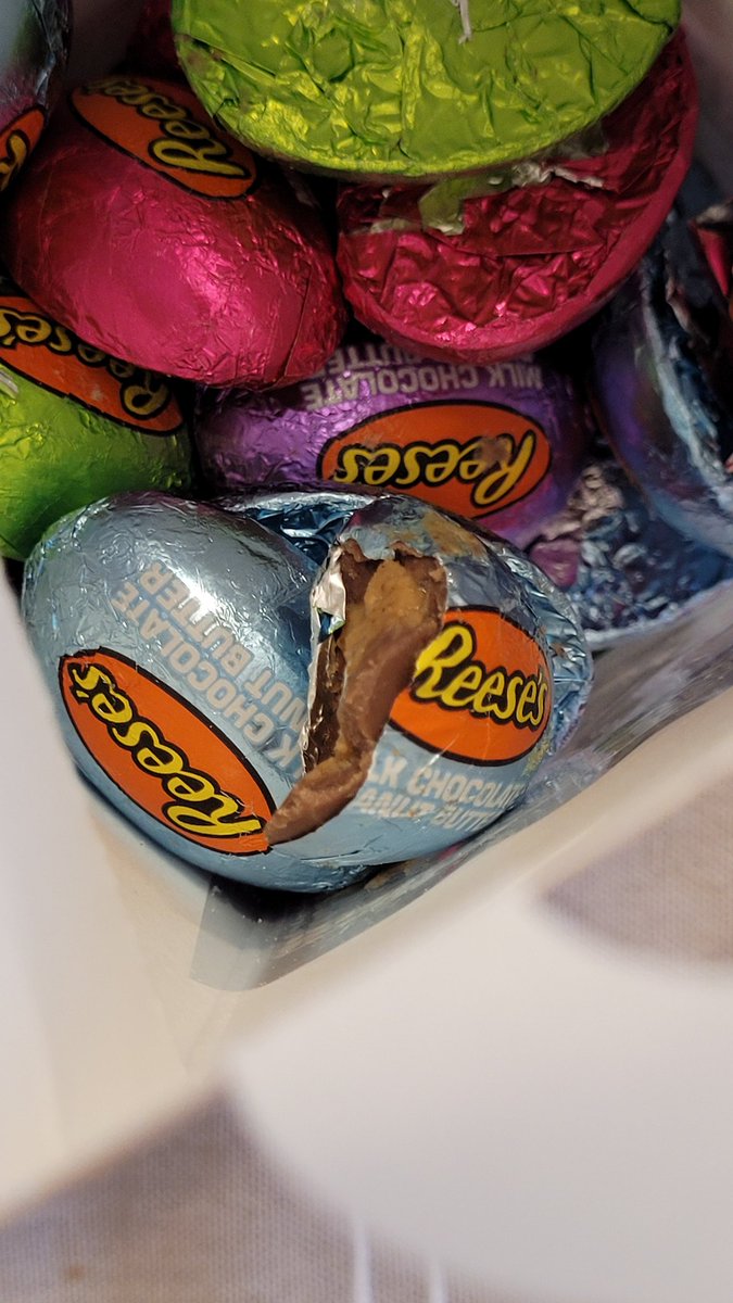 Dawg I bought discount Easter Reeses at walmart that were sealed and the first thing I see upon opening it is one that looks like some kid took a bite out of it including the wrapper 😡😡😡😡😡😡😡😡😡😡😡🤔