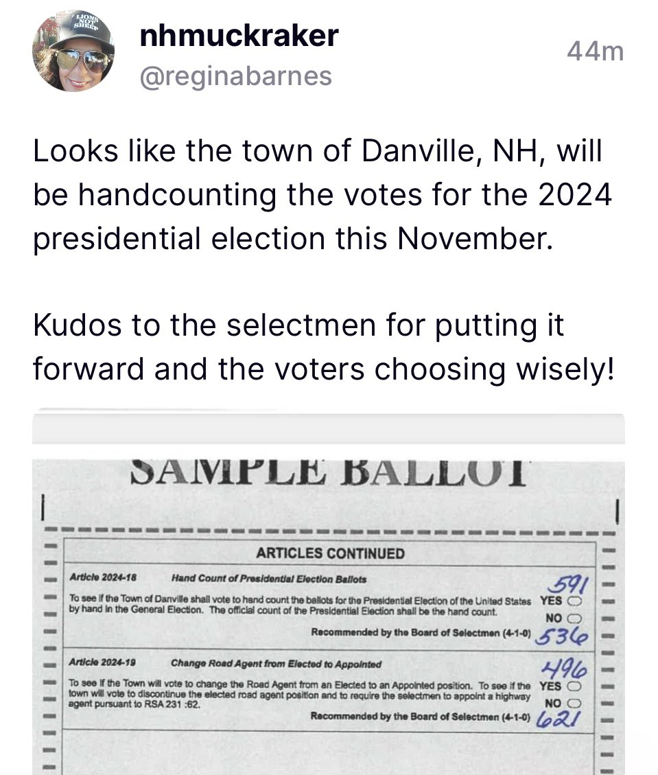 cleanVOTERrolls's tweet image. Sometimes it’s the small victories from the local people in states to the north &amp;amp; south of me that give me hope. Congrats Danville, NH!  Every hand count election town matters! #handcount